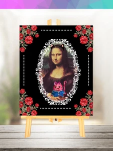 ACEO ART Whimsical Cat w/ roses, Mona Lisa Miniature artwork print Valentines - Picture 1 of 6