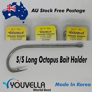 Fishing Hooks Korean Youvella S/Steel Long Shank Bait Holder Octopus 30pc Bulk - Picture 1 of 1
