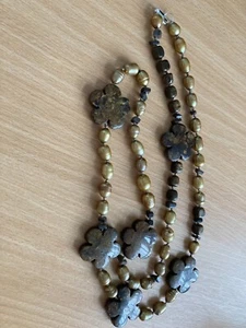 Gold Pearl Necklace - brown agate flower detail - silver clasp - Picture 1 of 2