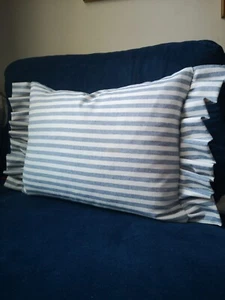 French vintage blue pin striped beige plaids ruffle linen look cushion cover - Picture 1 of 8