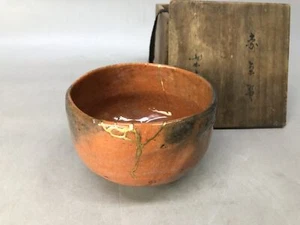 Y8414 CHAWAN Raku-ware red bowl kintsugi signed box Japan antique tea ceremony - Picture 1 of 10