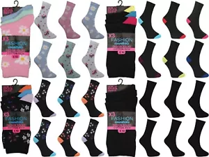 Ladies Ankle Socks Size 4-7 Cotton Rich Fashion Pastels Designs Black 3-6 Pairs - Picture 1 of 5