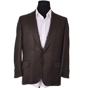 Tom James Mens Blue Houndstooth Sport Coat Brown Blue 42L Custom Jacket Wool - Picture 1 of 10