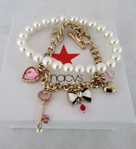 Betsey Johnson Pearl Charm Bracelet Ring Wedding Love Double Strand Gift Box NWT - Picture 1 of 5