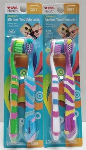 2PK CVS Health Childrens Stripe Soft Toothbrush Purple, White, Blue & Green Mix  - Picture 1 of 2