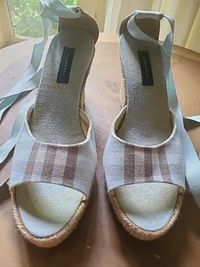 BURBERRY Blue White Canvas Raffia Ribbon Ankle Tie Espadrille Wedge 38 US 8 - Picture 1 of 8