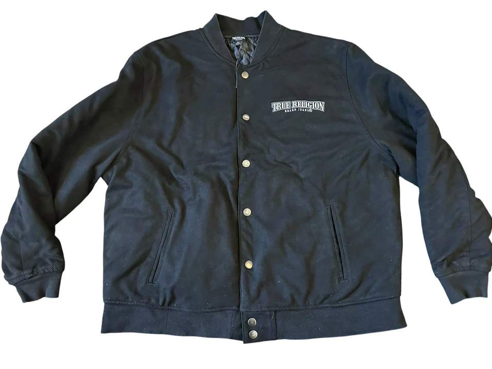 Chaqueta True Religion Para Hombres 2XL Jet Negro Arco Gamuza Bombardero Botón Diseñador Retro Foto 1 de 4