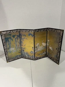 Mini folding JAPANESE SCREEN Crane and Bamboo painting Gold 9”x 18” Four-panel - Picture 1 of 24