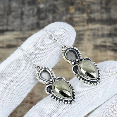 Joya De Aretes De Plata De Ley 925 Con Piedra Preciosa De Pirita De Oro Única - Imagen 1 de 4