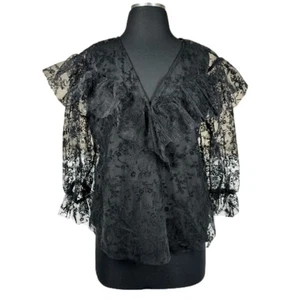 Zara Blumen Tüll Rüschenbesatz Bluse Top schwarz transparent Samt Spitze Whimsigoth Gr. L - Bild 1 von 13