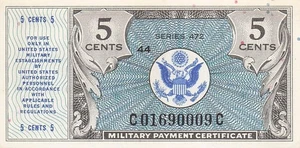 USA / MPC  5  Cents  1947  Series  472  Plate # 44  Uncirculated Banknote AAZ 4 - Picture 1 of 2