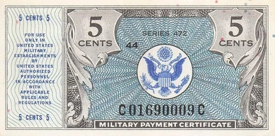 USA / MPC  5  Cents  1947  Series  472  Plate # 44  Uncirculated Banknote AAZ 4 - Image 1 of 2