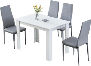 Modern 5-Piece Dining Set White Table Grey Leather Chairs Kitchen Room - Picture 1 of 12