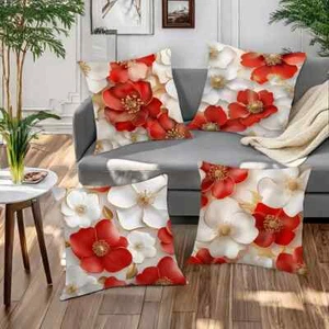 Red White Gold Rhythm Floral Pattern Home Pillow Cover Cushion Cover with Zipper - Picture 1 of 20