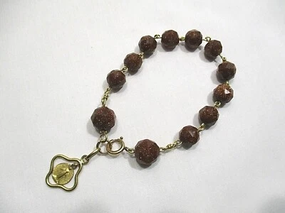 ANCIEN DIZAINIER PERLE AVENTURINE GOLDSTONE MEDAILLE CHRISTIANISME RELIGIOUS  - Photo 1/4