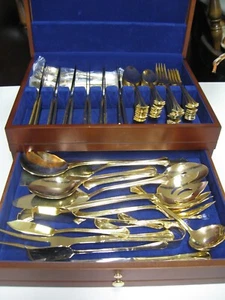 STAINLESS CHINA GOLD COLORED PLATED FLATWARE SET - SETTING FOR 12 WITH CASE - Picture 1 of 5