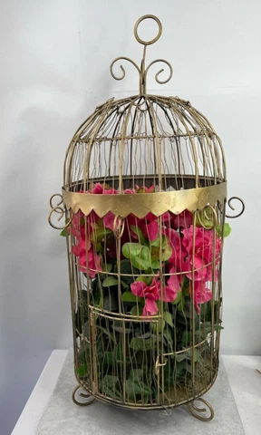 Vtg Bird Cage Gold Tn Metal Wire w/ Pink Flowers 24" Tall Victorian Decor Cover