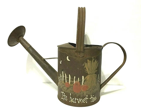 VTG Antique Galvanized Metal Gardening Watering Can wide Nozzle hand painted art Cover