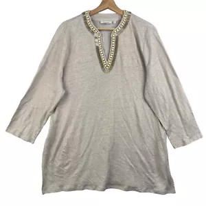 Chico's Linen Embellished Tunic women's 3 US XL Shirt Gray V-Neck 3/4 Sleeve Top - Picture 1 of 2