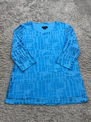 Tribal Top Women Medium Turquoise Geometric Cut Out Layered 3/4 Sleeve Blouse - Image 1 of 4