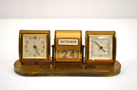 Rensie Calendar Desk Clock Barometer 7 Jewels Germany Brass Alarm Vtg Cover