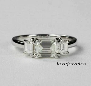 Anillo de boda de moissanita real este-oeste corte esmeralda de 2 quilates regalo oro blanco de 14 quilates - Imagen 1 de 7
