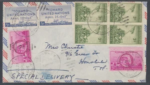 US Sc 927, 928, 929 on 1945 Air Mail Special Delivery Cover to Honoliulu, Hawaii - Picture 1 of 2