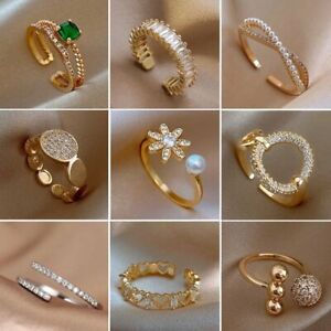 Crystal Open Ring Flower Heart Gold Zircon Adjustable Finger Wedding Ring Women 
