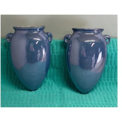 Paar Vintage Glanzware Wand Taschen Vasen Blau Lavendel Keramik Made in Japan - Bild 1 von 4