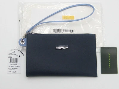 Bolso Muñequera Longchamp Cuero Azul Marino Roseau Estuche Plano de Cosméticos NUEVO Paquete Original Foto 1 de 4
