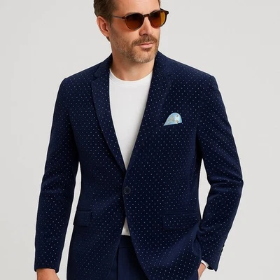 Samuel Windsor Navy Blue Suit Jacket Blazer Velvet Polka Dots 48 Quirky Fun - Image 1 of 4