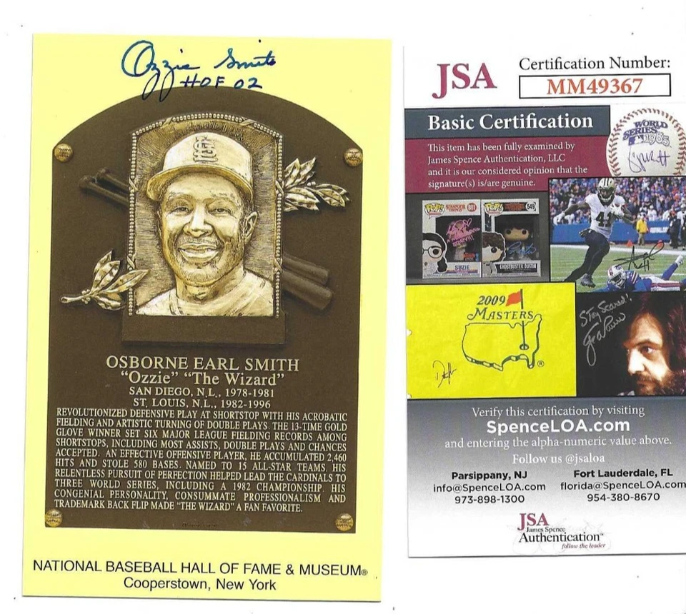 Ozzie Smith St Louis Cardinals Baseball Autographed HOF Plaque Postrcard JSA COA - Image 1 of 1