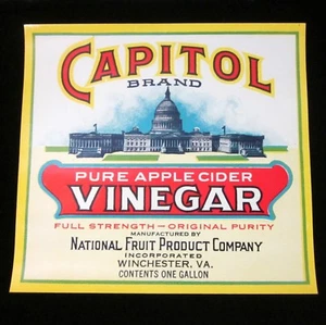 Etiqueta de papel vintage CAPITOL vinagre de sidra de manzana Winchester VA 1 gl - Imagen 1 de 3