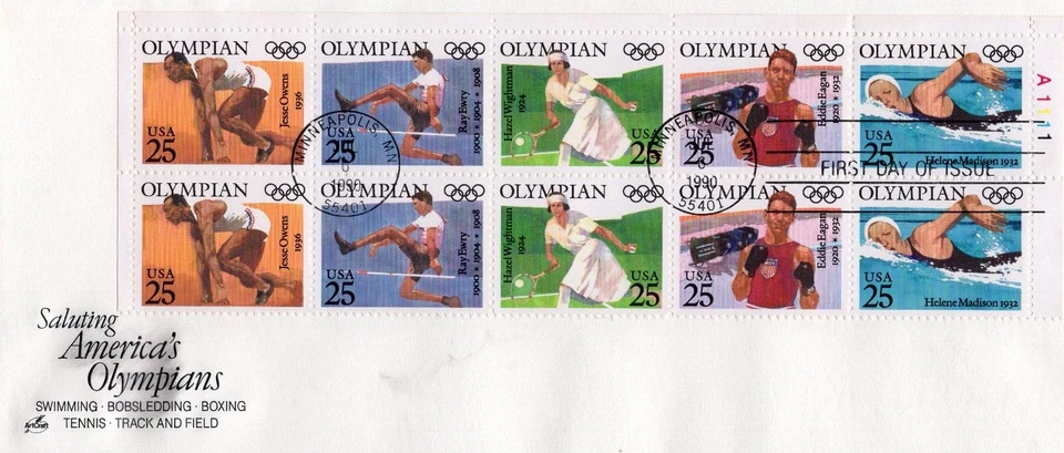 1990 #2500a OLYMPIANS PLATE BLOCK OF 10 FDC OVERSIZE FDC ART CRAFT CACHET UA GEM - Image 1 of 1
