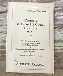 Antique ephemera paper business card Chesterfield rooming house London 1920's - Foto 1 di 3
