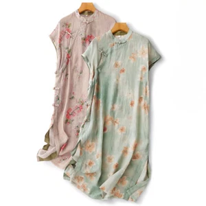 Mujeres Retro Cheongsam Vestido Qipao Hendidura Étnico Manga Corta Floral Botón Informal - Imagen 1 de 13