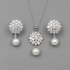 Damen Kubik Zirkonia Perle Halskette Anhänger Ohrringe Hochzeit Schmuck Set 06071 - Bild 1 von 7