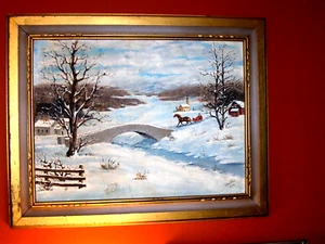 OLD Original Dvorak Winter Landscape Snow Church Fence Creek Oil Canvas Paintin - Picture 1 of 12