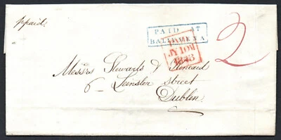 Carta doble entera 1843 con caja PAGADA EN / BALLYMENA, y octogonal DEMASIADO TARDE Foto 1 de 2