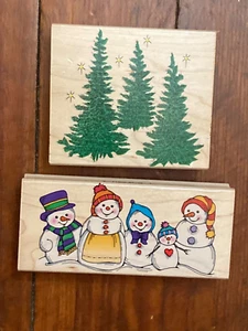 Hero Arts Lot of 2 Rubber Wood Stamps Pine Trees and Snowman Family - Picture 1 of 2