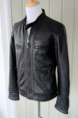 Schott NYC Men’s Leather Café Racer Jacket, Black Sheepskin, Size S (Fits Med) - Image 1 of 4