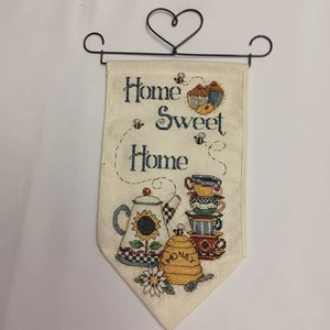 Home Sweet Home Cross Stitch Embroidered Banner Ww/ Aplit Heart Wire Hanger - Picture 1 of 6