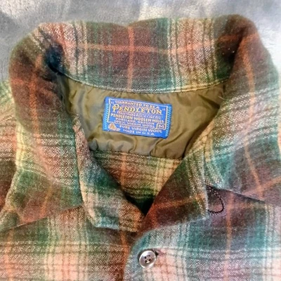 PENDLETON Men's Medium Vtg 60's Green Flannel Plaid Wool Loop Collar Board Shirt - Image 1 of 4