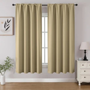 Beige Blackout Curtains 54 inch Length 2 Panels Set, Rod Pocket Room Darkenin... - Picture 1 of 9