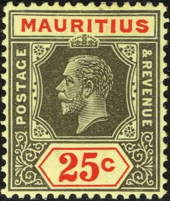 SG 199c MAURICIO 1921 - 25c NEGRO Y ROJO/AMARILLO PÁLIDO - MONTADO COMO NUEVO Foto 1 de 2