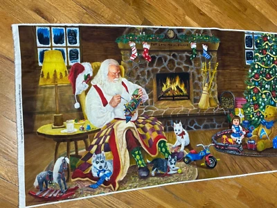 Santa making toys for Christmas cotton Fabric Panel 23" x 44 sewing / quilting - Image 1 of 3