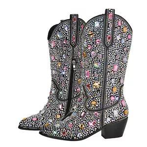 Botas occidentales de media pantorrilla con diamantes de imitación para mujer Zapatos de vaquero Tirar de tacón grueso Cremallera - Imagen 1 de 16