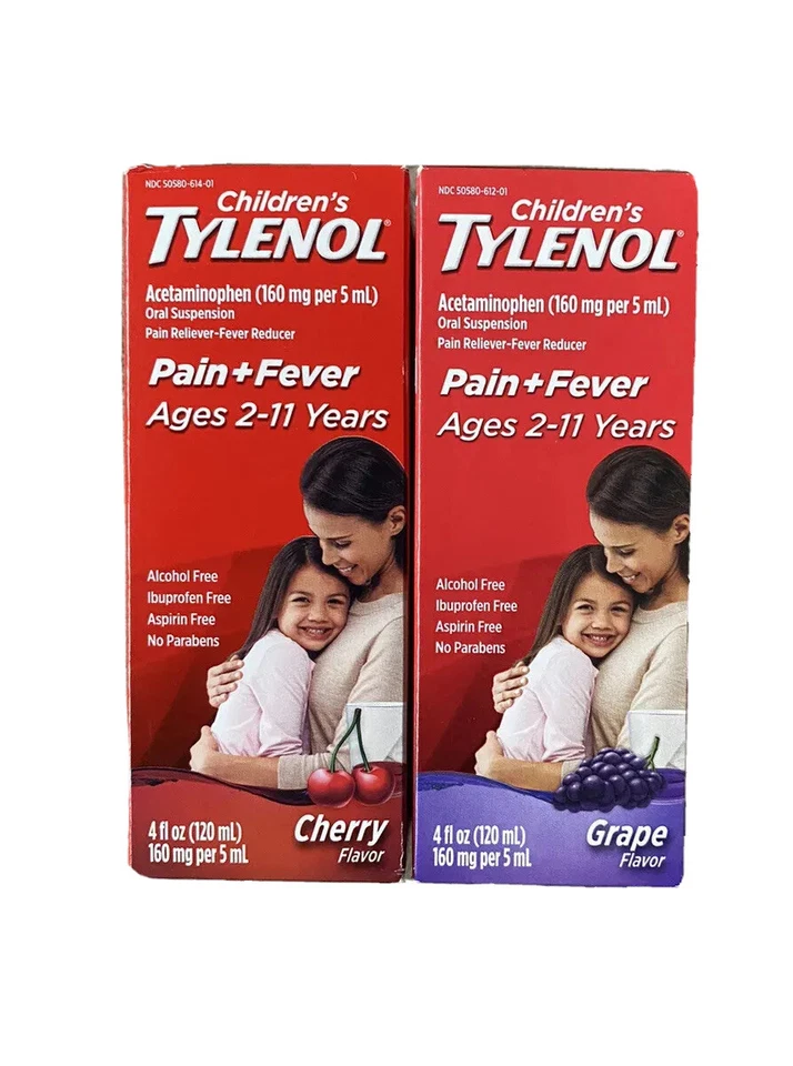 Tylenol infantil frio, tosse, dor de garganta 4 oz idades 2-11 uva + cereja (2 PACOTES) - Imagem 1 de 4