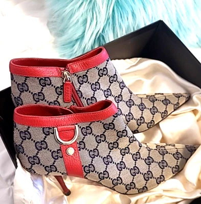 9,5 GUCCI D-КОЛЬЦО МОНОГРАММА МОЛНИИ ЛОДЫЖКИ ЗАОСТРЕННЫЙ НОСОК БОТИНОК ~ КАБЛУКА БОТИНКИ 9,5 - Изображение 1 из 4