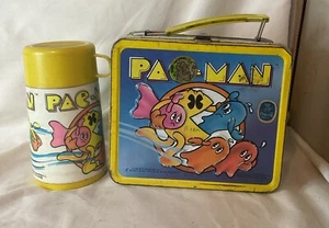 VINTAGE PAC MAN 1980 BALLY MIDWAY ALADDIN METAL LUNCH BOX WITH THERMOS PACMAN - Picture 1 of 19